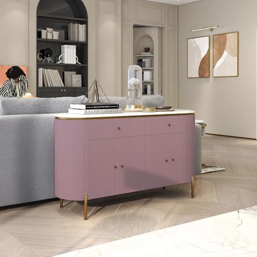 Image of Modern Console Table, 55 x 15 x 30 inch, White Ribbed Design, Marble Top, Gold Accents, 4-Door Storage Cabinet, Waterproof Plywood, PVD-Coated Legs, Elegant Entryway (Pink)