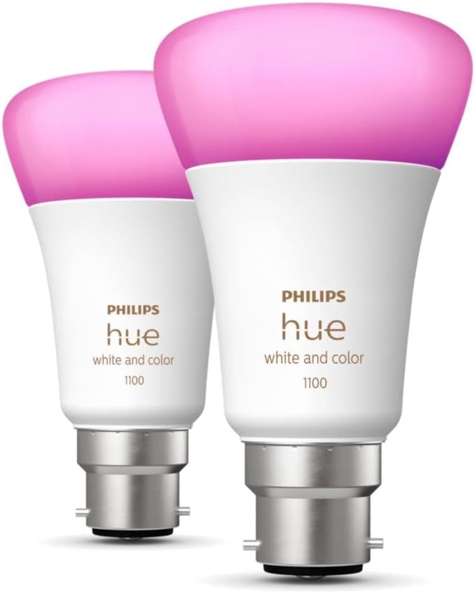 Philips Hue White & Colour Ambiance Smart Bulb Twin Pack LED [B22 Bayonet Cap] - 1100 Lumens (75W Equivalent). Works with Alexa, Google Assistant and Apple Homekit, 2 Count (Pack of 1)