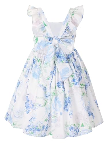 Flofallzique Floral Girls' Dress Summer Ruffle Sleeve Tie Back Casual Boho Sundress for Birtrhday Tea Party