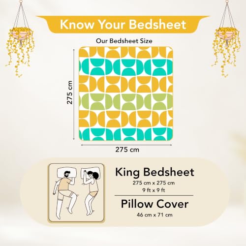 Image of Divine Casa Cotton King Size Bedsheet | 210 TC Soft Breathable Pigment Twill Satin Bed Sheet with 2 Pillow Covers | Luxury Bedding Set | 275 x 275 cm (Green & Blue, Gemetic)