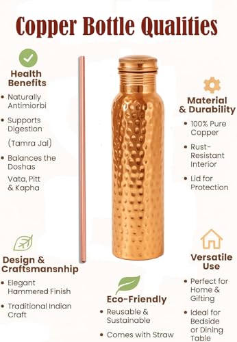 Image of Taluka 100% Real Pure Copper Water Bottle For Drinking 34 OZ /1000 ML Hammered Copper Bottle With Straw Handcrafted Leak Proof Design Ayurveda Health Benefits For Yoga Office Travel Gym