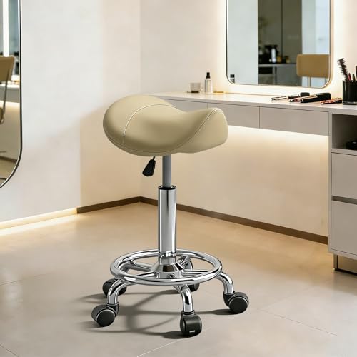 Image of Saddle Stool, Adjustable Height Ergonomic Swivel Chair with Wheels, PU Leather Saddle Seat with Ring Pedal for Salon, Massage, Clinic, Lab, and Office