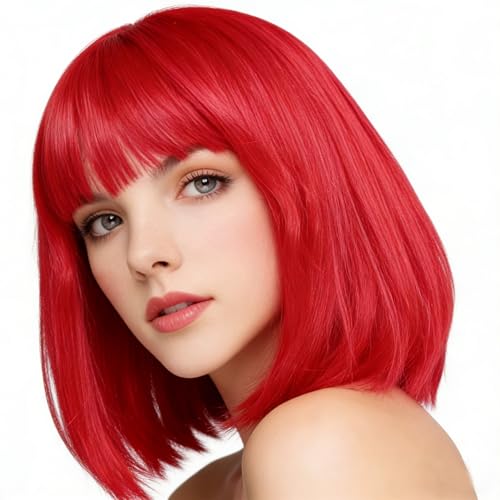 Dark Red Straight Bob Wig with Bangs Short Length Apple Cut