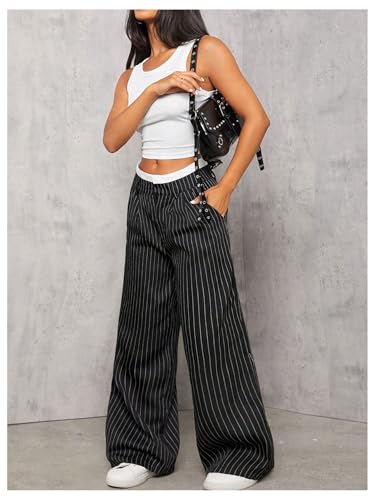 MakeMeChic Women's Striped Pants Wide Leg Straight Suit Trousers with Pocket4