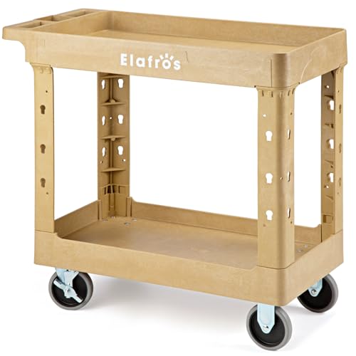 Image of ELAFROS 2-Tier Heavy Duty Rolling Cart, 34 x 17 in, 2 Fixed 2 Swivel, Sand