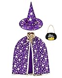 Xindinwland 3pcs Wizard Costume Kids - Witch Cape Wizard Hat & Pumpkin Bag, Ages 3-10 Halloween Cape for Party Cosplay Outfit