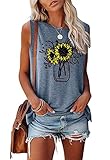 Sunflower Graphic Tank Top for Women Summer Sleeveless Top Shirt Cute Flower Vase Graphic Loose Novelty Top Blue,M