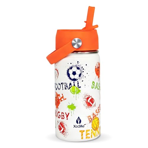 XccMe 14oz Sports Ball Kids Water Bottle With Straw Lid,Stainless Steel Water Bottle,Double Wall Leak Proof & BPA-Free Kids Cup,Insulated Metal Bottle for Toddlers,School Boys Girls
