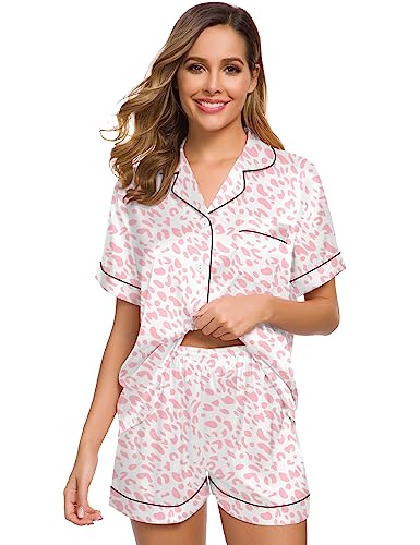 Image of SWOMOG Womens Silk Satin Pajamas Set Short Sleeve Sleepwear Button Down Top and Shorts Loungewear 2 Piece Pjs Set XS-3XL