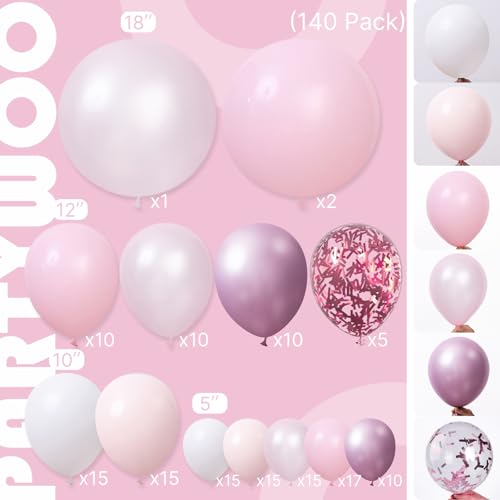 Image of PartyWoo Light Pink Balloon Arch Kit Garland 142pcs Different Sizes of 18 12 10 5 Inch Baby Pastel Pale Pearl Metallic Pink White Clear Confetti Balloons for Baby Shower Birthday Party Decorations
