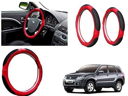 Image of Microfiber Car Steering Wheel Cover, Soft Padding Great Hand Feel, Anti-Slip, Faux Leather Steering Cover for Maruti Suzuki Vitara | Black Red Jali - Pack of 1