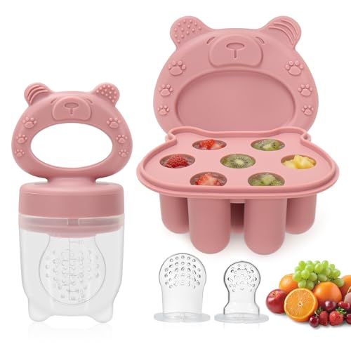 MR.TIMELAG Fruchtsauger Baby | Beißring für Obst Gemüse Brei Beikost, BPA-frei, Babybrei Einfrieren Behälter für Babynahrung Muttermilch, Zahnungshilfe, mit 3 Sauger (G/M/K) Rosa
