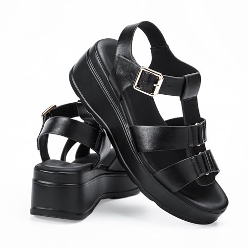 Image of Platform Sandals Women Chunky Wedge Sandals for Women Comfortable | Women's Flat Summer Shoes Round Open Toe with Arch Support Wide Strap Faux Leather Wedges for Beach Camping Travel Office