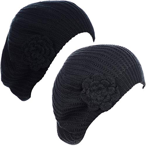BYOS Ladies Winter Solid Chic Slouchy Ribbed Crochet Knit Beret Beanie Hat W/WO Flower Adornment