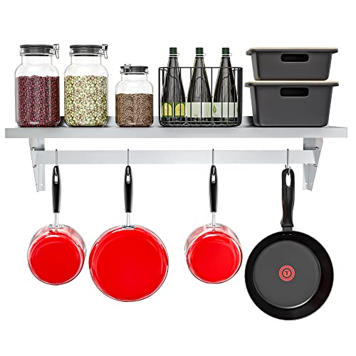Image of Koolmore Commercial Wall Mounted Pot Rack Organizer Shelf with 4 Removable Storage Hooks for Pots and Pans, Utensils, Kitchen Cooking Accessories, Stainless-Steel Holder (WMPS-1248), 12'' X 48''
