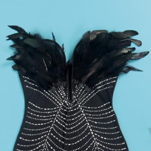 Image of Nagfar Women Rhinestone Birthday Party Feather Off Shoulder Deep V Neck Mini Dresses Sexy Club Night Out Clubwear(K9100,Black,L)