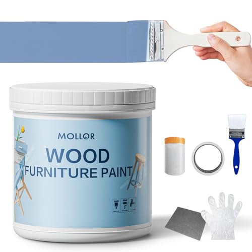 Mollor Coastal Blue Paint for Wood - 16 Oz Wood Furniture Paint for Cabinets, Doors, Tables, and Dressers Refinishing - Water-Based, Non-Toxic & Odorless, Easy to Apply - With Tools