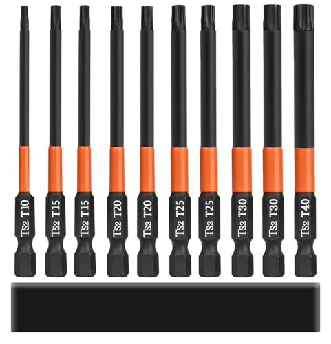 Saipor Set de 10 embouts longs Torx pour tournevis et visseuse électrique, Longueur 100 mm Embouts Tournevis Torx Magnétiques, Tige hexagonale de 1/4, T10, T15, T20, T25, T30, T40