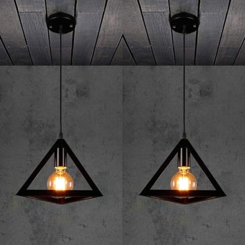 Image of JACKAL Vintage Triangle Metal Pendant Light (Pack of 2) with Bulbs | Hanging Ceiling Lights with Braided Cord for Home, Living Room, Cafe, Restaurant & Bar