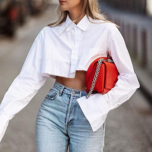 MISSACTIVER Women Solid Long Sleeve Button Up Crop Shirt Turn-Down Collar Irregular Loose Fitting Fashion Cropped Blouse Top2