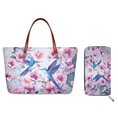 JEOCODY Pink Floral Hummingbird Tote Bags for Women Soft Top Handle Purses and Handbags Satchel Large Capacity Shoulder Bags Work Wallet Purse Card Holder Clutch
