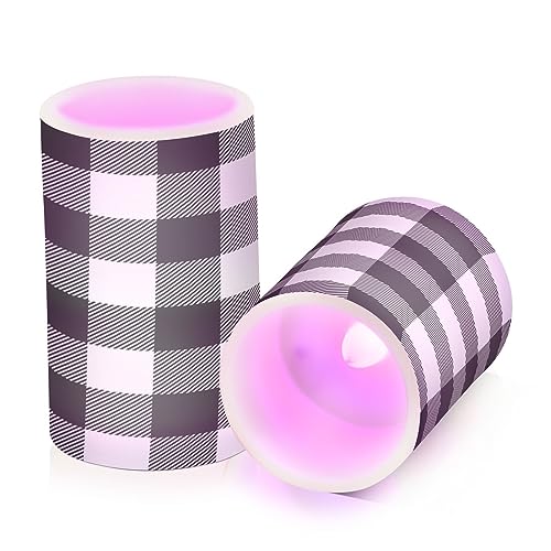 Image of YETTASBIN White Black Buffalo Plaid Flameless Candles with Remote Control and Timer, Adjustable Brightness Long Lasting Battery Operated LED Pillar Candles for Party Holiday Home Decor, 2 Pack