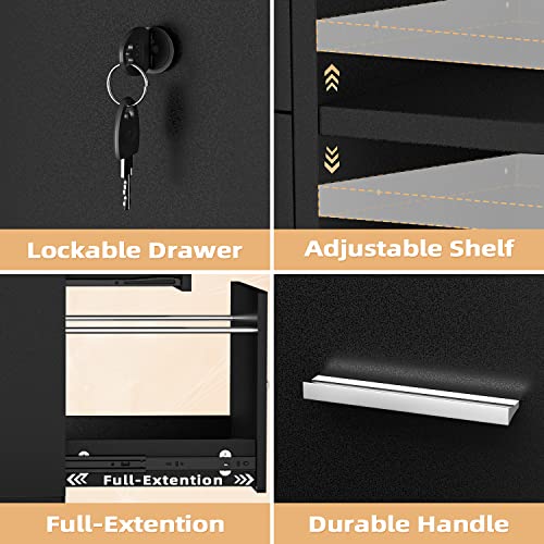 Shahoo 3 Drawer Mobile File Cabinet, Wood Lateral Printer Adjustable Open Storage Shelf, Lockable Wheels For Home Office, Black #TOP5