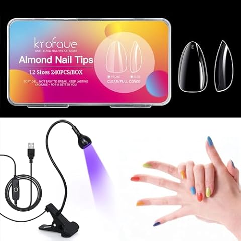 krofaue 240Pcs Short Almond Nails Almond Clear Nail Tips 12 Sizes Artificial False Nails & UV LED Nail Lamp UV Light for Nails 3W Cover