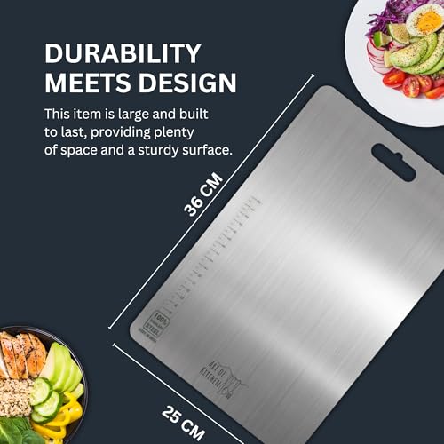 Image of Stainless Steel Chopping Board for Kitchen Large, Metal Chopping Board for Meats, Fruits and Vegetables, Non Slip Heavy Duty Steel Cutting Board, Dishwasher Safe, 36cm x 25cm
