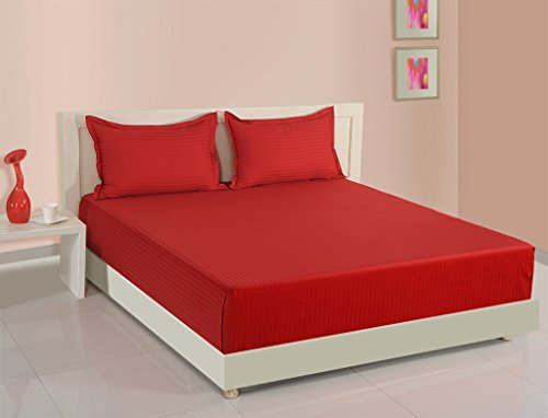 Image of Swayam 100% Cotton King Bedsheet with 2 Pillow Covers | 300 TC Soft Breathable Bed Sheet | Striped Printed | Size 108 x 108 inch | Comfortable & Durable for Bedroom - Red