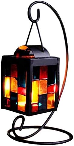Small Tealight Candle Holder Tabletop Decorative Lantern with Stand, Mulit Color Glass Iron Lovely Little Mosaic Tea Light Candle Holder for Table Decoration Desktop Decor, 3.9 x 9.1 inch(DxH)