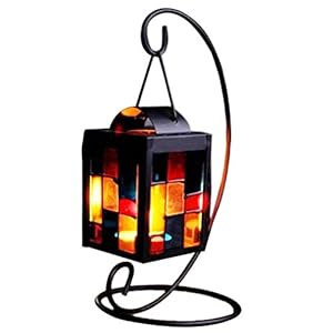 Small Tealight Candle Holder Tabletop Decorative Lantern with Stand, Mulit Color Glass Iron Lovely Little Mosaic Tea Light Candle Holder for Table Decoration Desktop Decor, 3.9 x 9.1 inch(DxH)