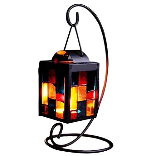 Small Tealight Candle Holder Tabletop Decorative Lantern with Stand, Mulit Color Glass Iron Lovely Little Mosaic Tea Light Candle Holder for Table Decoration Desktop Decor, 3.9 x 9.1 inch(DxH)