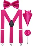 Ailisus Hot Pink Bow Tie and Braces Adjustable Mens Elastic Y-Back Suspenders Bowtie Pocket Square Lapel Pin Set Wedding Tuxedo