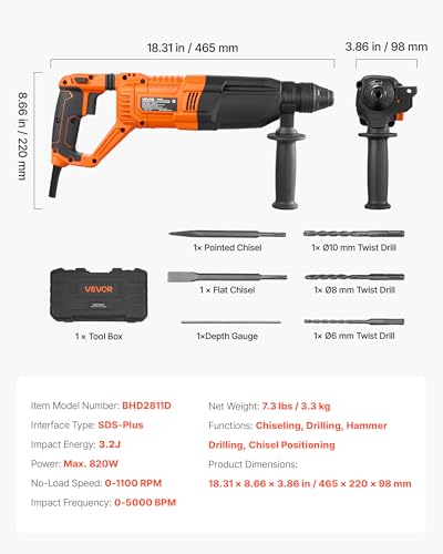 Image of VEVOR Rotary Hammer Drill, 1-1 /8 in SDS-Plus Electric Corded Heavy Duty Rotary Hammer, 4 Functions, Including 3 Drill Bits, Flat Chisel, Pointed Chisel, and Carrying Case, for Concrete and Masonry