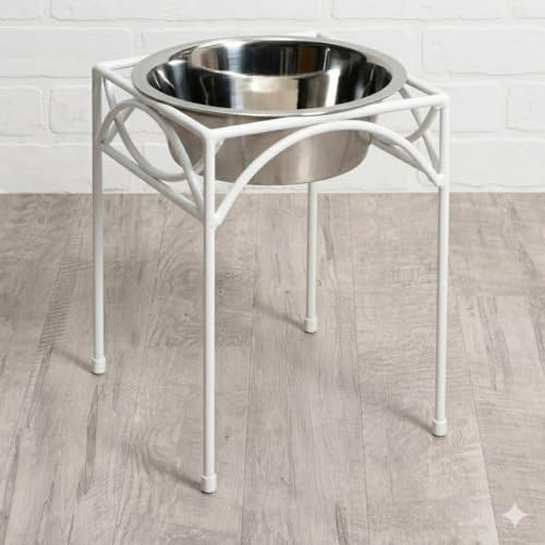 Image of Acrylic Design Art Single Bowl Raised Feeder - Elevated Feeding Station - Metal, Wrought Iron Dog Bowl, Large and XL Dogs (Large - 12 inch Tall) White