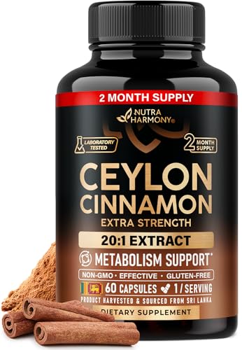 Ceylon Cinnamon Capsules - Extra Strength - Energy Heart & Metabolism Support for Men & Women - Pure Natural Cinnamon 20:1 Extract Supplement - GMO & Gluten Free - Made in USA - 60 Capsules 2 Month
