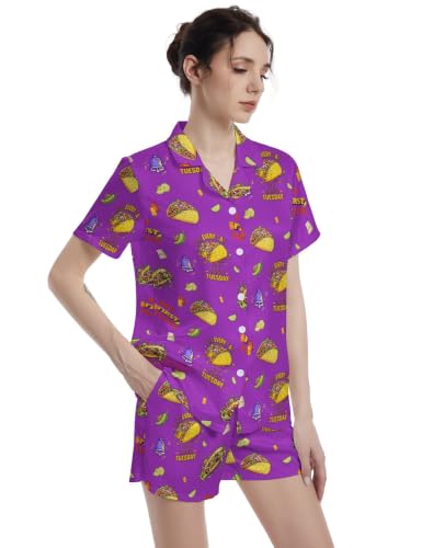 Image of Funny Pajamas for Women Set Print Satin Loungewear Pjs Short Sleeve Button Down Top and Shorts Sets Sleepwear XS-3XL