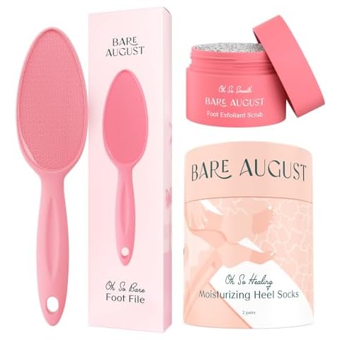 Bare August Glass Foot File, Heel Socks & Foot Scrub Bundle for Dry, Cracked Feet Cover