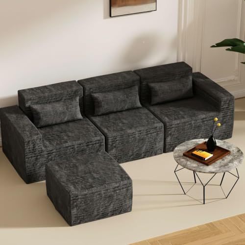 YLGJ&TIDY Sofá Modular en Forma de L, Sofa Cama 3 plazas con Taburete, Sofa Chaise Longue, Sofa Rinconera para Sala Y Dormitorio (Gris, 3 Asientos + 1 Taburete)