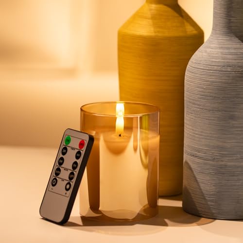 Image of Gold Flameless Candles With Remote LED Battery Operated Pillar Candles Set | Acrylic Cup Design Realistic Glow 10-Key Remote With Timer & Brightness Control for Fireplace, Wedding & Home Decor