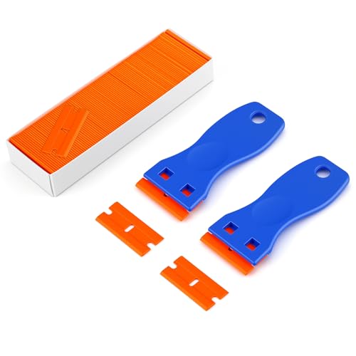 Wozzies 2 Stück Kunststoff Schaber, Kunststoffspachtel, mit 120 Kunststoffschaberklingen, Plastikspachtel, Aufkleber Entferner für Klebereste Entferner, Blau