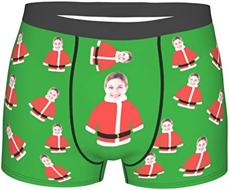 Jinlinjew Custom Face Boxer Briefs, Personalized Printed Photo with Christmas Hat, Customize Girlfriend Faces Funny Novelty Shorts Xmas Underwear Lover Flat Pants