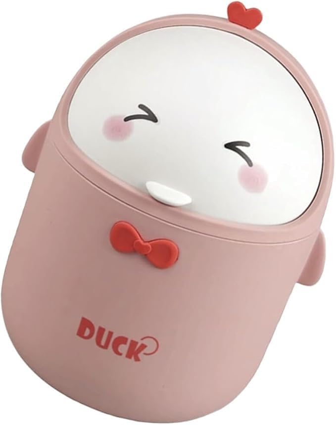 Cute Duck Desktop Trash Can with Lid | Tabletop Waste Bin for Home & Office | Pink Cartoon Design | Lightweight Portable Garbage Mini Dustbin for Desk, Makeup Table & Car