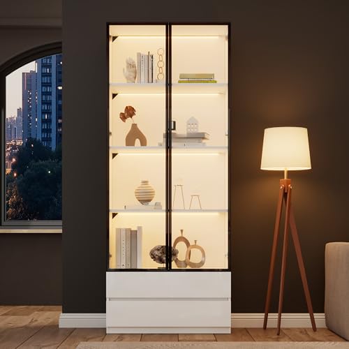 QXJVA Vitrina blanca MDF con LED y marco de...