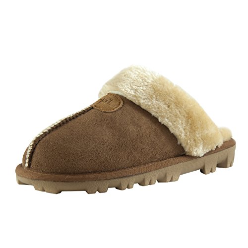 CLPP'LI Womens Slip on Faux Fur Warm Winter Mules Fluffy Suede Comfy Slippers-Tan-10