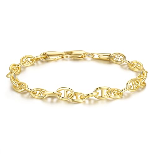 14K Gold Bracelets for Women Dainty Gold Bracelets for Womens Bracelet Flat Mariner Link Chain Bracelet for Women Men 6.5/7/7.5/8/9in