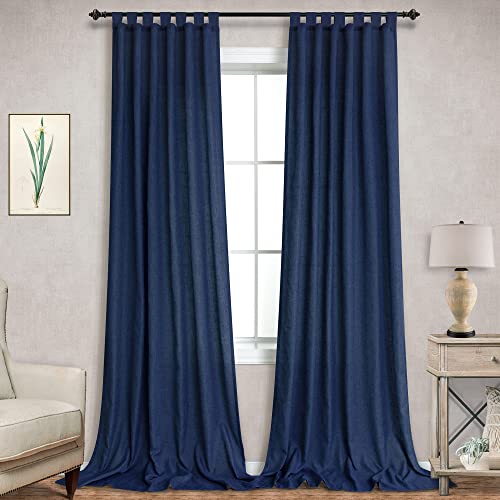 Rideaux bleu marine de 248 cm de long pour salle à manger, ensemble de 2 panneaux de rideaux à pattes en lin texturé tissé semi-intimité, rideaux bleu foncé pour salon, fenêtre, village, appartement Cover