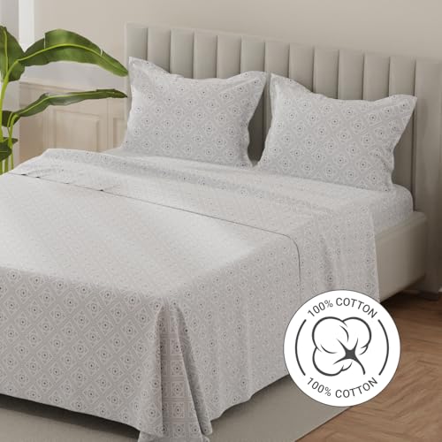 Image of Layers 100% Cotton Bedsheet for King Size Bed | Lumina Floret Collection | 144 TC Soft & Breathable | Printed with 2 Pillow Covers | Wrinkle Free & Colorfast | 3 Piece Bedding Set - Grey & White