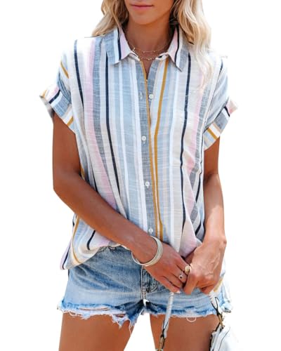 Cicy Bell Bluse Damen Kurzarm Streifen Oberteile V-Ausschnitt Gestreifte Hemden Tops Sommer Casual Button Down T-Shirt Rosa Blau XL